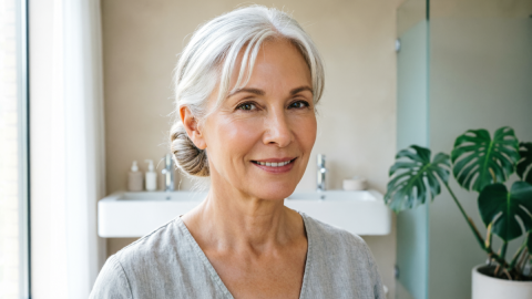 Пожилая женщина на фоне уходовых средств