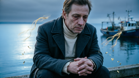 Грустный человек у причала