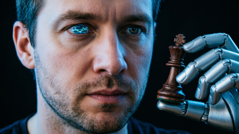 Человек-киборг с шахматной фигурой