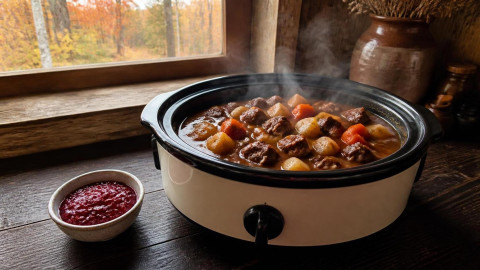 Тушеная оленина с овощами в медленноварке на деревянном столе
