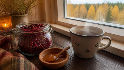 Брусника с медом и травяным чаем на деревянном столе