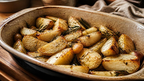 Запеченный брусочками корень сельдерея с чесноком и розмарином в форме для запекания