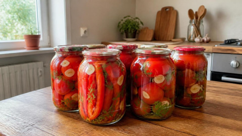 Банки с маринованными помидорами, сладким перцем и зеленью на кухонном столе