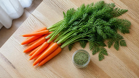 Свежая морковь с ботвой и банка с сушеной приправой из зелени на кухне