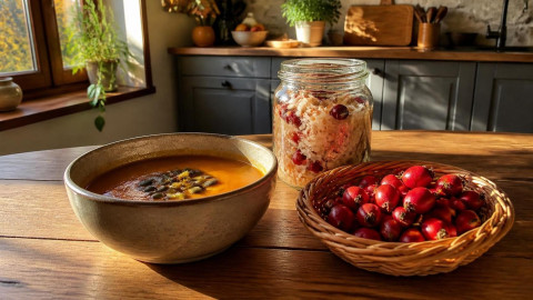 Осенние полезные продукты для иммунитета: тыква, квашеная капуста и шиповник на кухонном столе