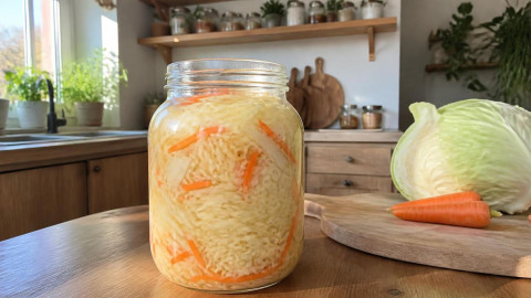 Хрустящая квашеная капуста с морковью в стеклянной банке