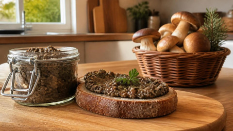 Домашняя грибная икра в стеклянной банке и на ломтике ржаного хлеба