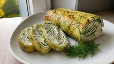 Нарезанный рулет из кабачков с творожным сыром и укропом