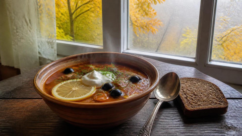 Тарелка наваристой мясной солянки с лимоном, оливками и сметаной на осеннем столе