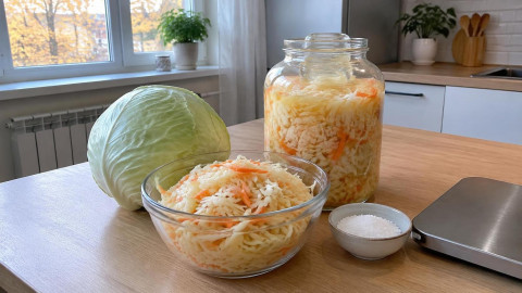 Нашинкованная капуста с морковью, соль и банка для квашения на кухонном столе