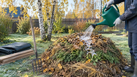 Дачник поливает компостную кучу раствором в октябре