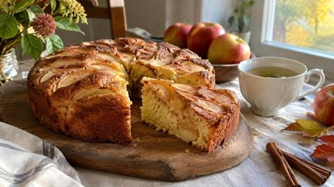 Пышная диетическая шарлотка с яблоками на деревянной доске