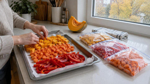 Кусочки тыквы, моркови и перца на подносе и в порционных пакетах для заморозки