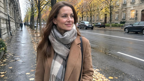 Девушка в стильном пальто с объемным шарфом на осенней улице