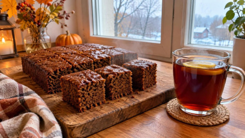 Домашняя медовая коврижка кусочками на деревянной доске рядом с чашкой горячего чая