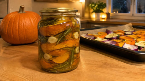 Вяленая тыква с розмарином и чесноком в банке с растительным маслом